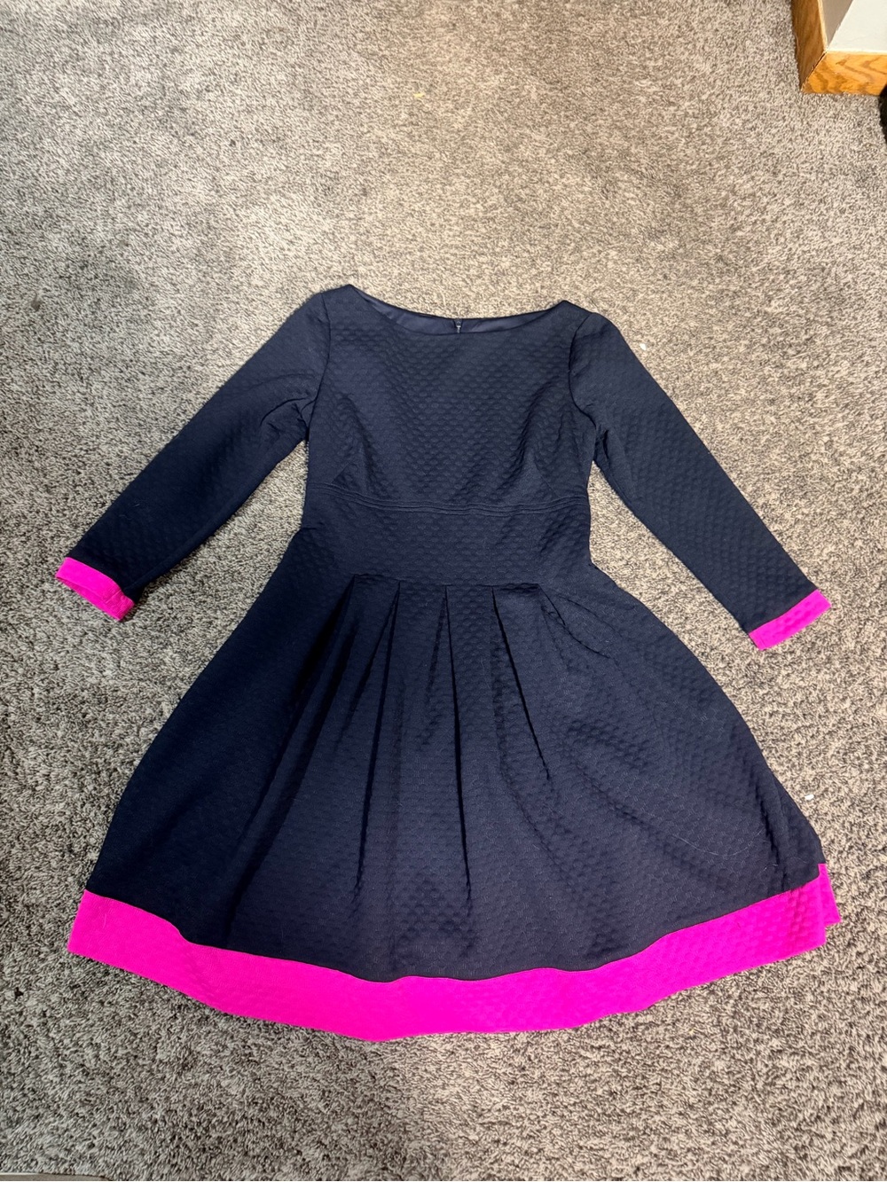 Elisa F Spanish Designer Navy Winter Flare Dress Pink Trim